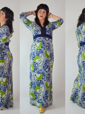 1970s Vintage Blue, Green & White Printed Maxi Dress with Navy Trim